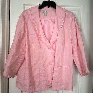 Kim Rodger’s Pink Ruffled Button Down Jacket 100% Linen EUC XL